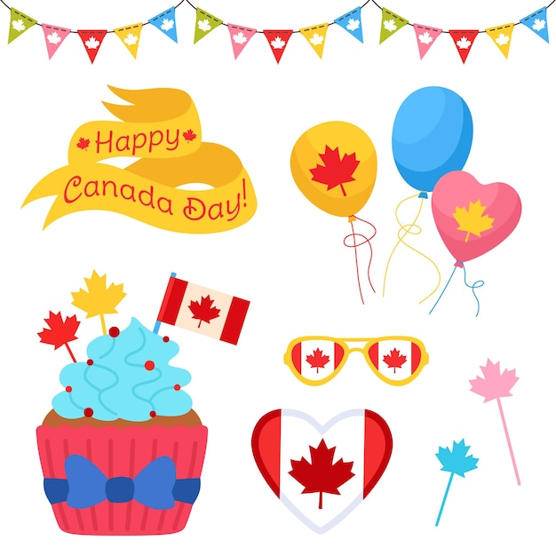 happy canada day cartoon set, canadian patriot cupcake flag garland balloon glasses and ribbon tape