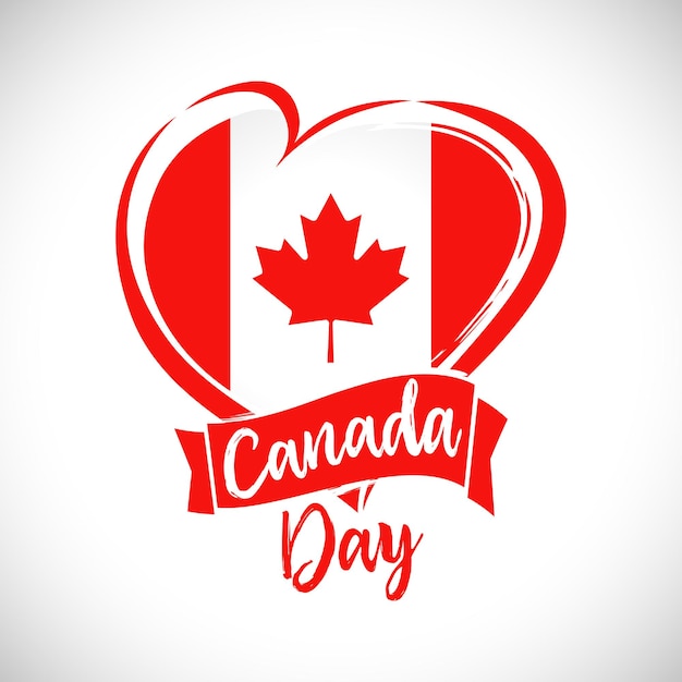 Happy Canada day flag in heart and ribbon Decorative vector brush calligraphy and red leaf