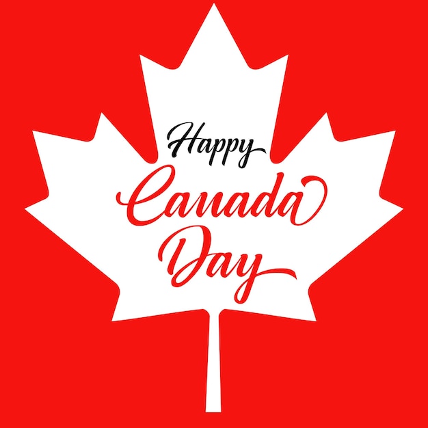 Happy Canada Day handwritten lettering maple leaf on red Typography with national flag symbol