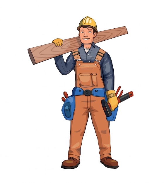 Happy carpenter, builder holding wooden plank.