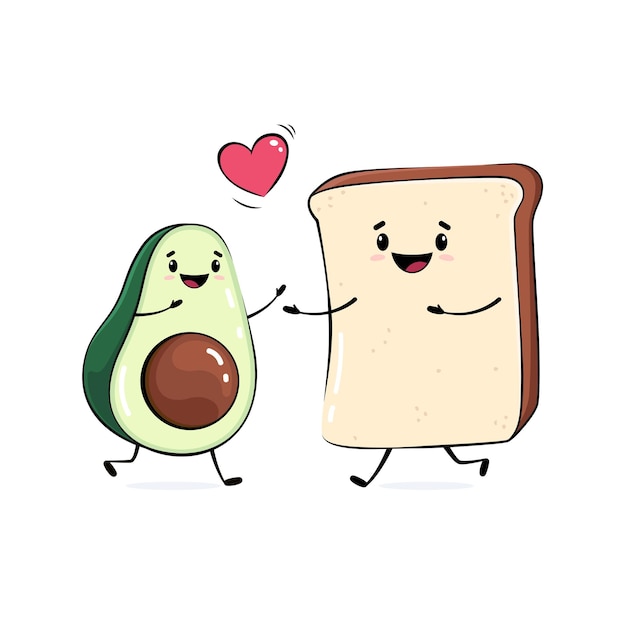 Happy cartoon avocado and a toast running to hug each other, cute character drawing, love illustrati