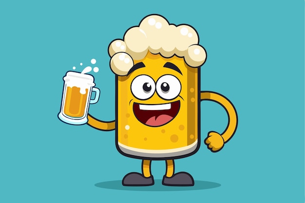 Vector a happy cartoon beer mug smiles while raising a frosty glass of beer in celebration a cartoon character of a beer mug