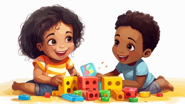 Happy Cartoon Black Boy and Girl Playing with Paints