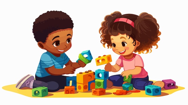 Vector happy cartoon black boy and girl playing with paints