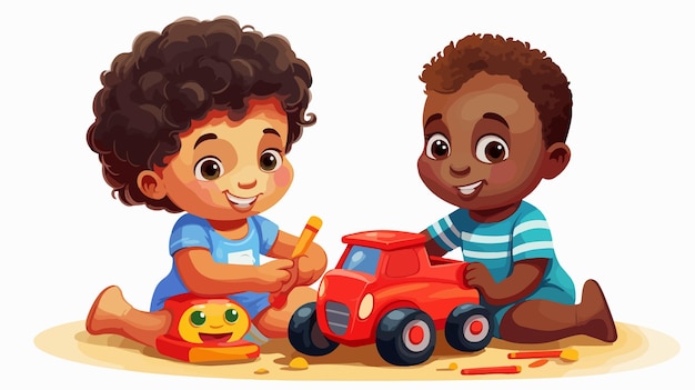 Vector happy cartoon black boy and girl playing with toys diverse kids fun time joyful children activities