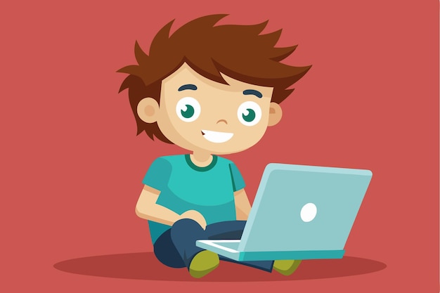 A happy cartoon boy is working on his laptop while sitting comfortably on the floor boy cartoon character with laptop