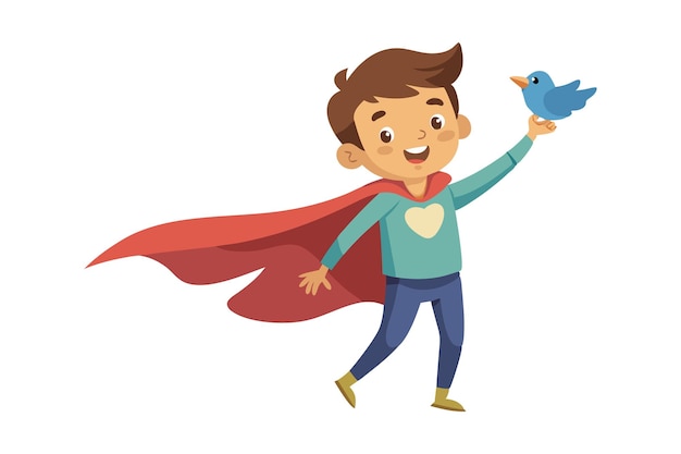 Happy cartoon boy in red cape holding blue bird smiling isolated on white background