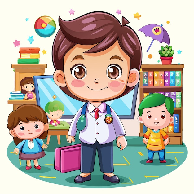 A happy cartoon boy wearing a white coat and red tie is standing with a pink briefcase Two girls and a boy are surrounding him