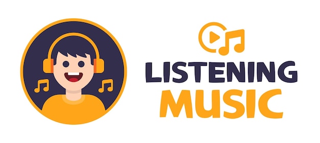 Happy cartoon character listening music with headphones. Vector icon illustration.