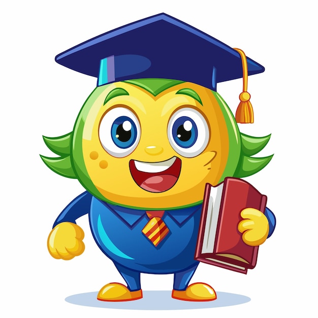 A happy cartoon character wearing a graduation cap and holding a book