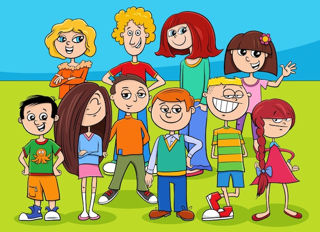 Happy cartoon children and teenagers characters group