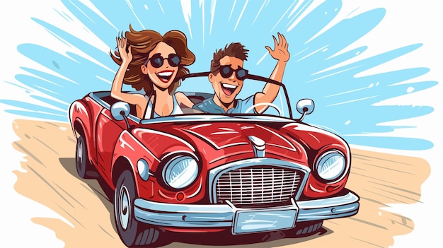 Happy Cartoon Couple Enjoying a Fun Drive in a Car