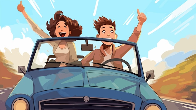 Happy Cartoon Couple Enjoying a Fun Drive in a Car