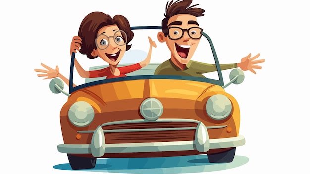 Happy Cartoon Couple Enjoying a Fun Drive in a Car