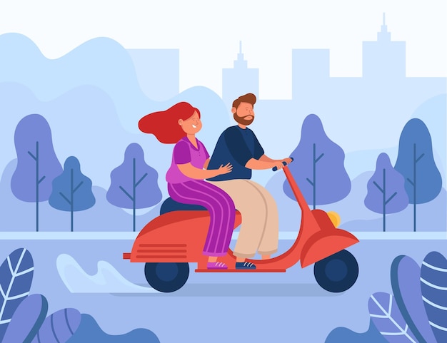 Happy cartoon couple riding motorbike