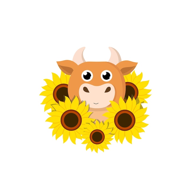 Happy cartoon cow or bull standing in sunflowers