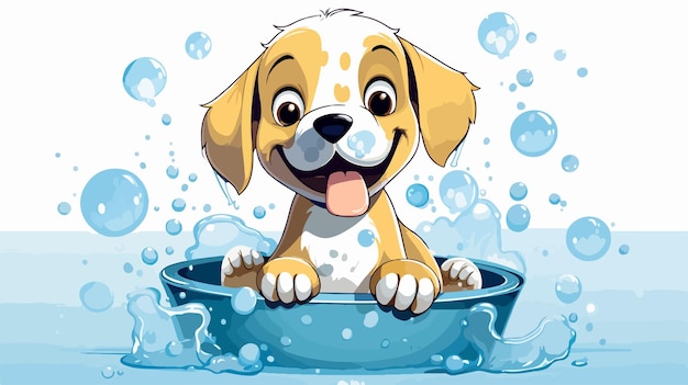 Happy Cartoon Dog Bathing with Bubbles