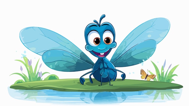 Happy Cartoon Dragonfly with Idea on 2D Flat Car