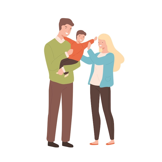 Happy cartoon family mother, father and kid vector flat illustration. Smiling young parents holding little son isolated on white background. Joyful man and woman enjoy parenthood.