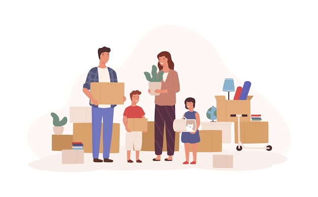 Happy cartoon family relocating to new apartment isolated on white background. Smiling mother, father, daughter and son holding packing boxes vector flat illustration. House moving concept.