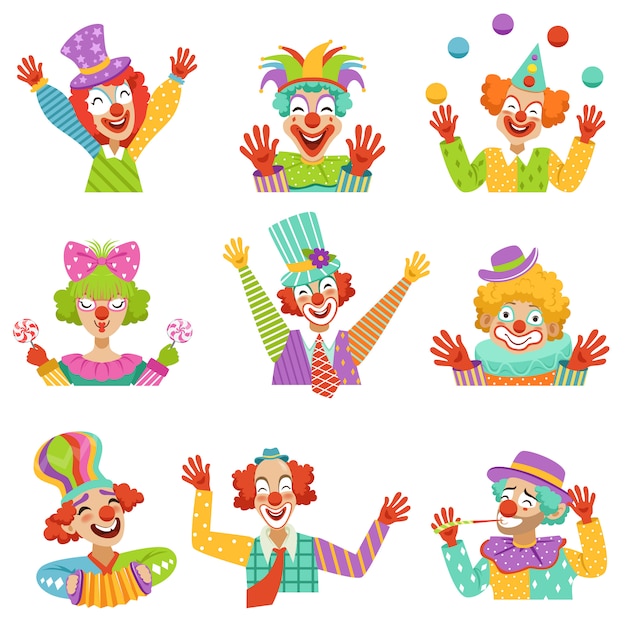 Happy cartoon friendly clowns character colorful  Illustrations on a white background