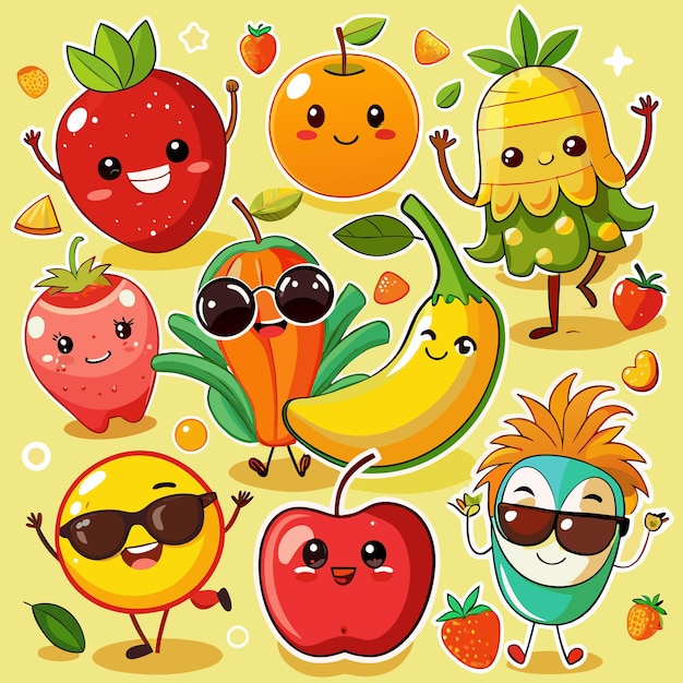 Happy cartoon fruit characters with sunglasses on yellow background