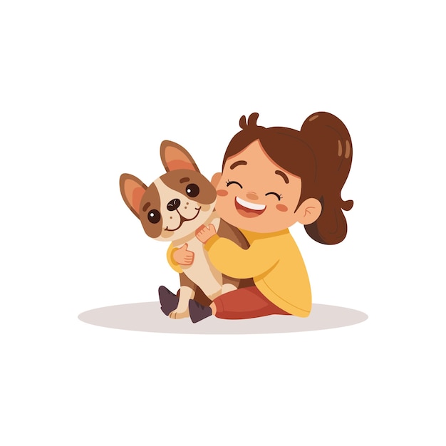 Happy cartoon girl hugging her cute dog with joy