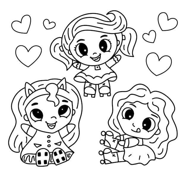 Happy cartoon girls with big eyes doodle collection Vector illustration