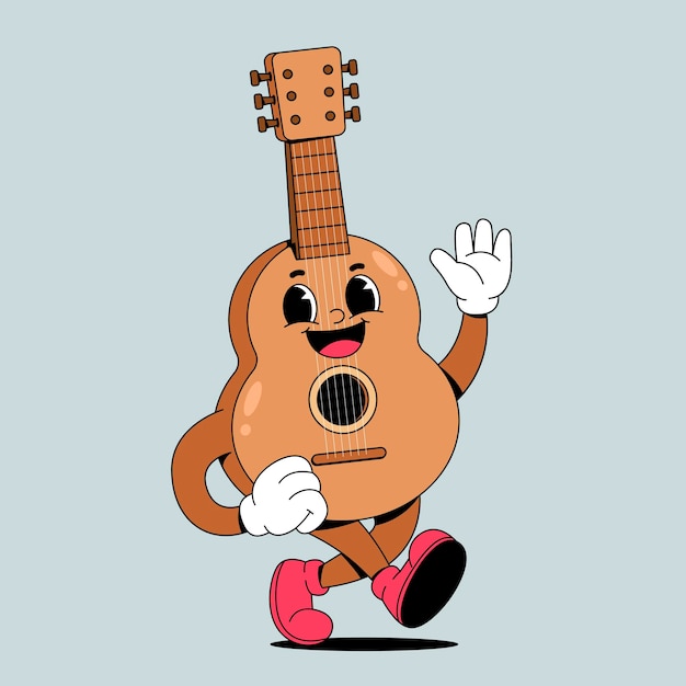 Vector happy cartoon guitar character waving fun music illustration for kids