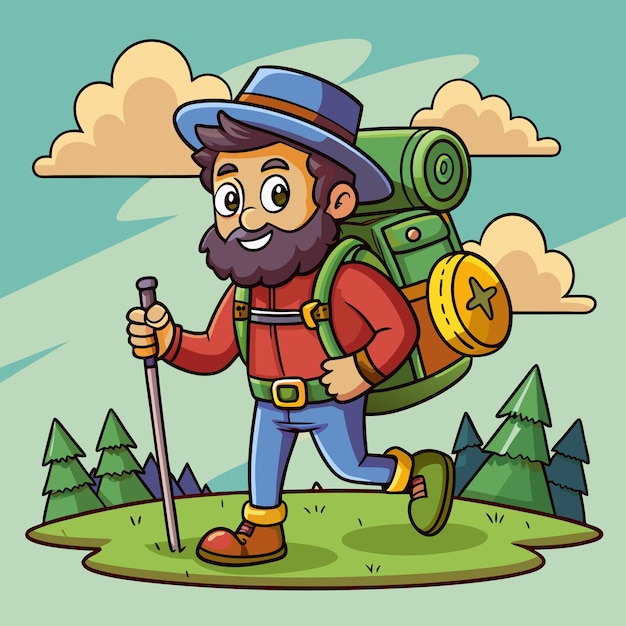 Vector happy cartoon hiker walking vector graphic