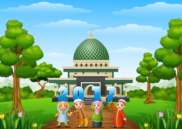 Happy cartoon kids celebrate eid mubarak on year 2017