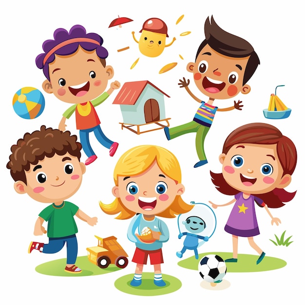 Vector happy cartoon kids playing together with toys and a soccer ball