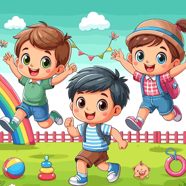 Happy cartoon kids playing vector illustration children playful moment