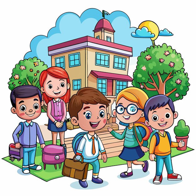 Vector happy cartoon kids with backpacks standing in front of a school building