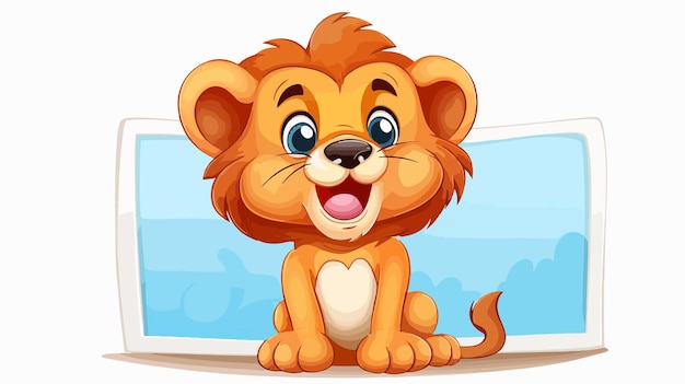 Vector happy cartoon lion holding sign flat 2d cartoon character