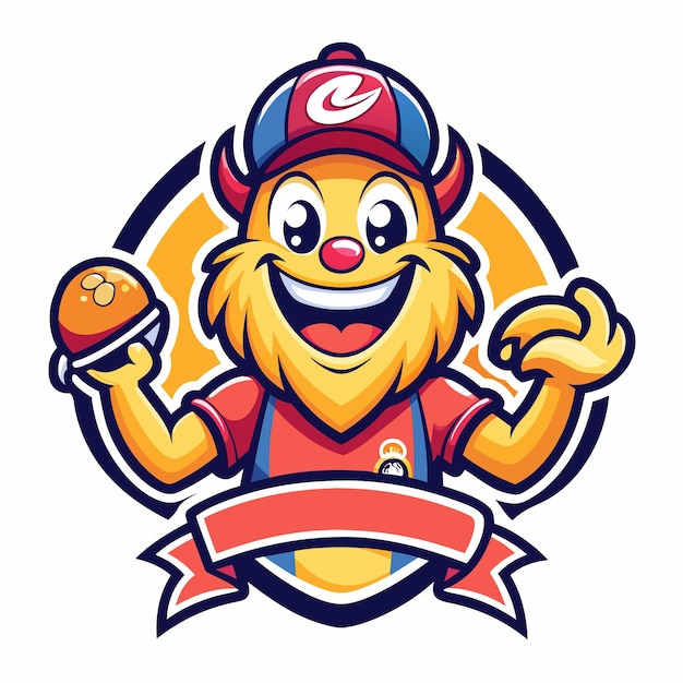 Vector happy cartoon mascot with a ball and a banner