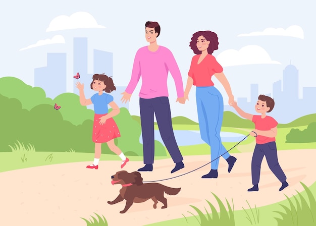 Happy cartoon mom, dad and children walking dog together. Father, mother and kids with puppy in park flat vector illustration. Family, love, pets, outdoor activity concept for banner, website design