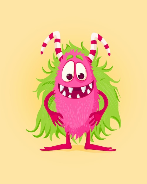 Happy cartoon Monster with green fur and horns. Colorful isolated Vector illustration for any use.