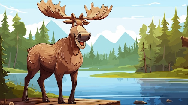 Happy Cartoon Moose with Wooden Sign