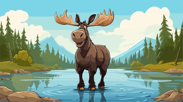 Happy Cartoon Moose with Wooden Sign