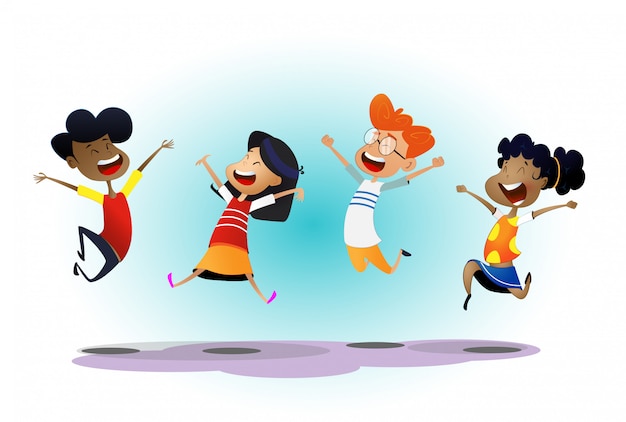 Happy cartoon multiracial children joyfully jumping and laughing