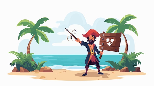 Happy Cartoon Pirate Holding Wooden Sign