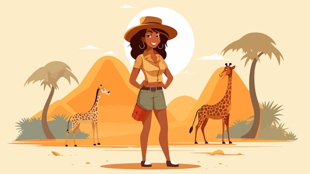 Vector happy cartoon safari girl standing and smiling