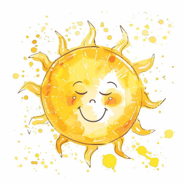 Happy cartoon sun winking watercolor style smiling sunshine yellow orange splashes background