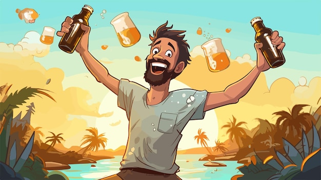 Happy Cartoon Tourist Enjoying Beers