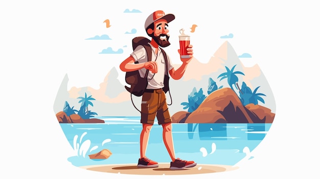 Vector happy cartoon tourist enjoying beers