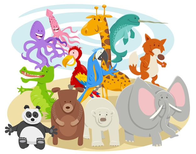 happy cartoon wild animal characters group