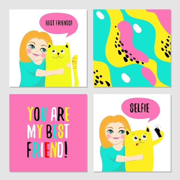 Happy cat greeting cards for friend, vector illustrations.