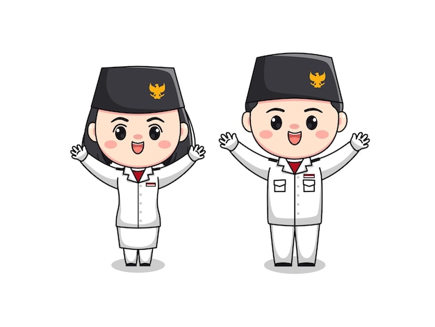 Happy character heritage flag hoisting troop indonesia independence day flat cartoon illustration