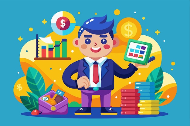 Vector a happy character presents financial tools while surrounded by charts and money symbols finance customizable cartoon illustration